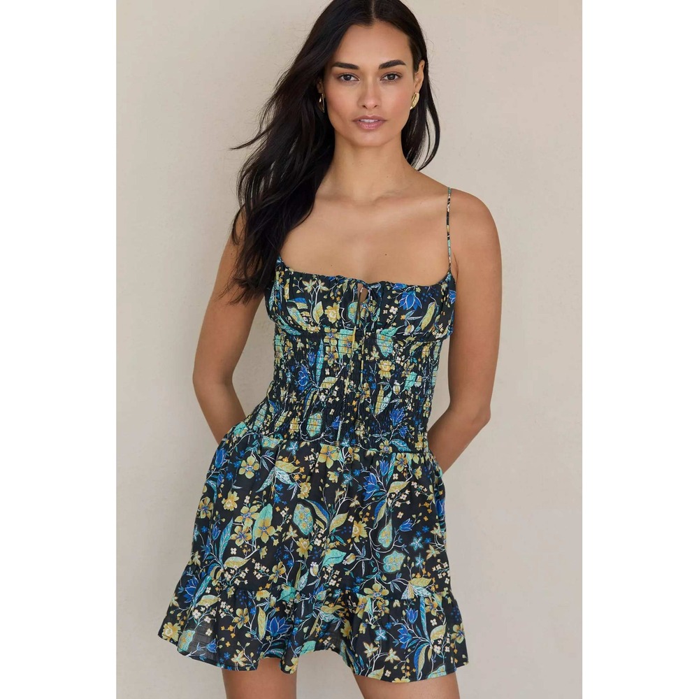 Anthropologie‎ The Josephine Smocked Drop Waist Dress Mini Blue Floral NWT sz M